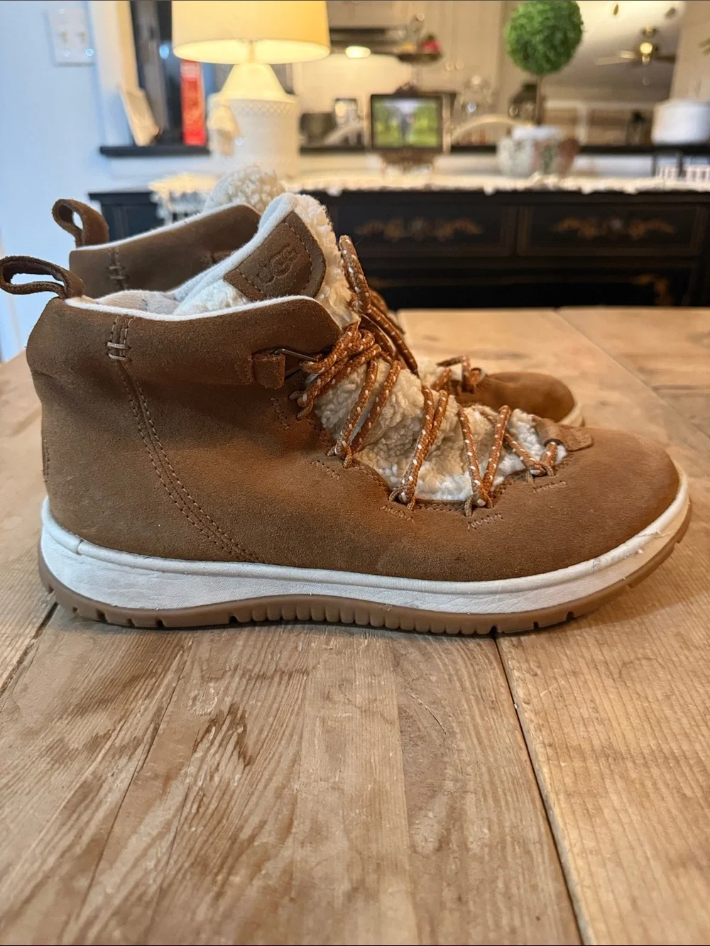 UGG Chestnut Suede Lace-Up Winter Boot with Shearling Trim